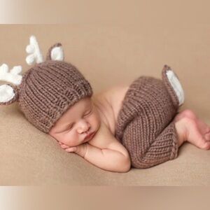 Newborn Handmade Crochet knit‎ soft Baby Deer baby Pants Hat photo Halloween set